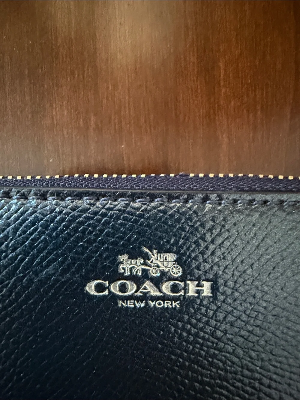 Coach Navy Blue Textured Leather 2 Zip Wallet with Gold Logo